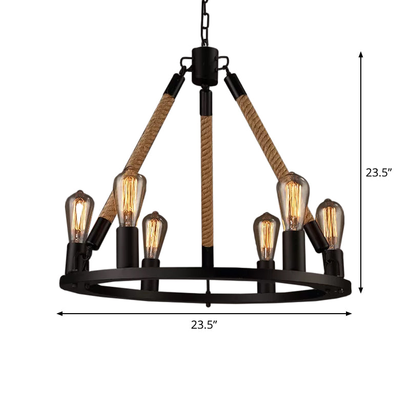 Black Wagon Wheel Chandelier Pendant Industrial Hemp Rope Lamp - Rebooters