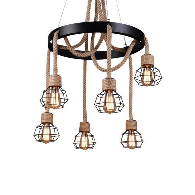 Caged Sitting Room Chandelier Rural Hemp Rope Brown 6 Lights - Rebooters