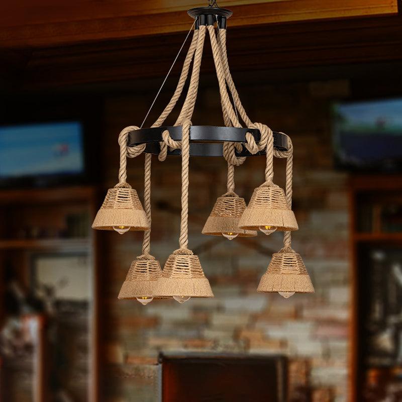 6 Lights Carillon Ceiling Chandelier Cottage Brown Roped Pendant - Rebooters