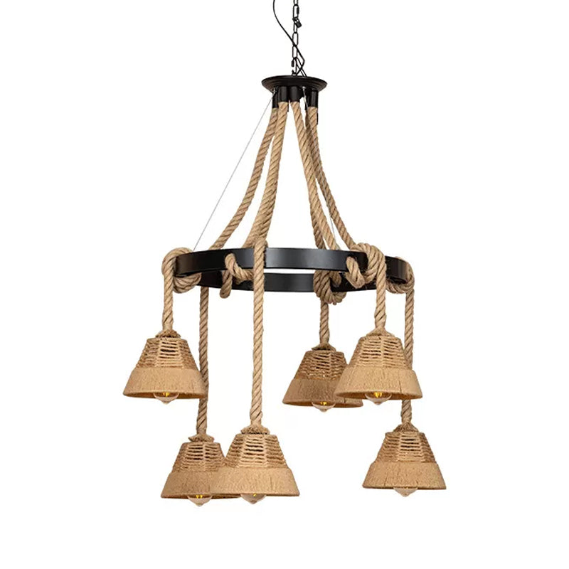 6 Lights Carillon Ceiling Chandelier Cottage Brown Roped Pendant - Rebooters