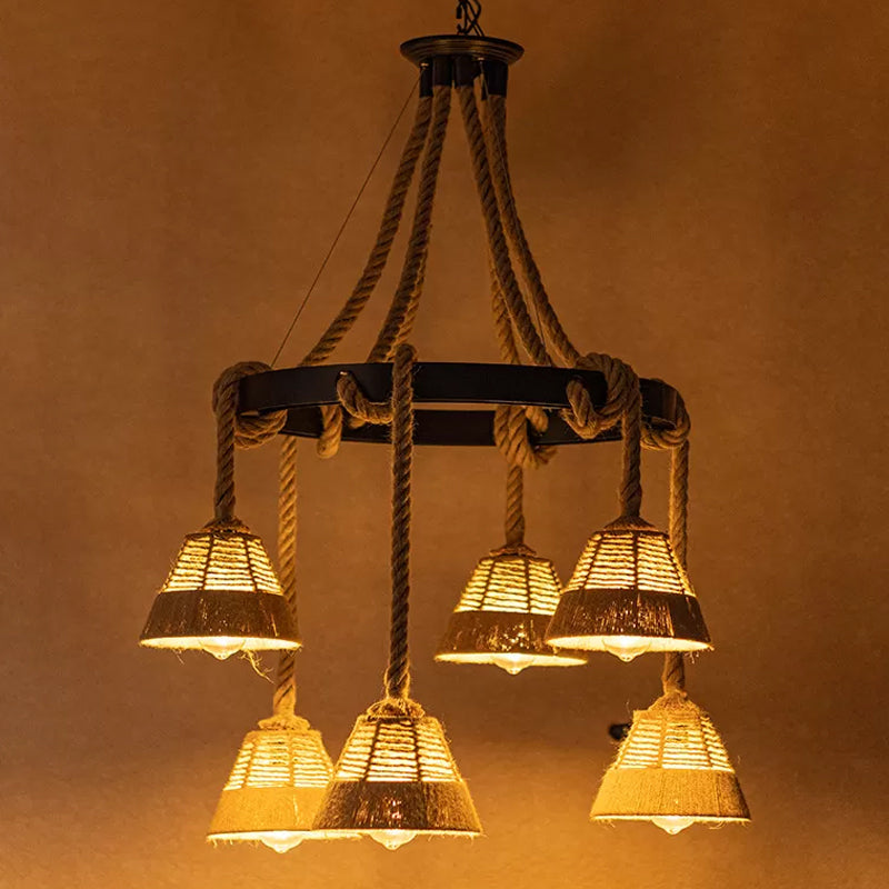 6 Lights Carillon Ceiling Chandelier Cottage Brown Roped Pendant - Rebooters