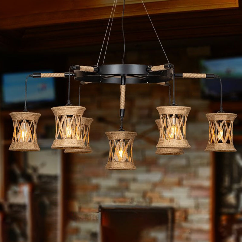 X-Woven Rope Cylinder Pendant Lamp Farmhouse 7-Light Chandelier - Rebooters