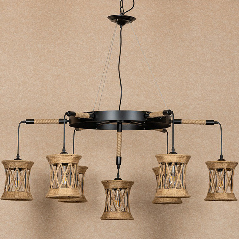 X-Woven Rope Cylinder Pendant Lamp Farmhouse 7-Light Chandelier - Rebooters