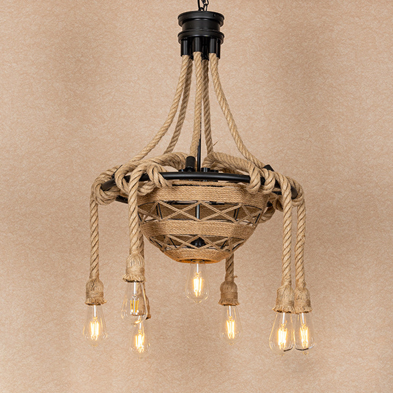 Rope Bowl Pendant Chandelier Country Style 6 Heads Light - Rebooters