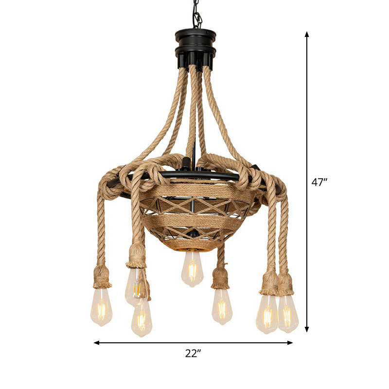 Rope Bowl Pendant Chandelier Country Style 6 Heads Light - Rebooters