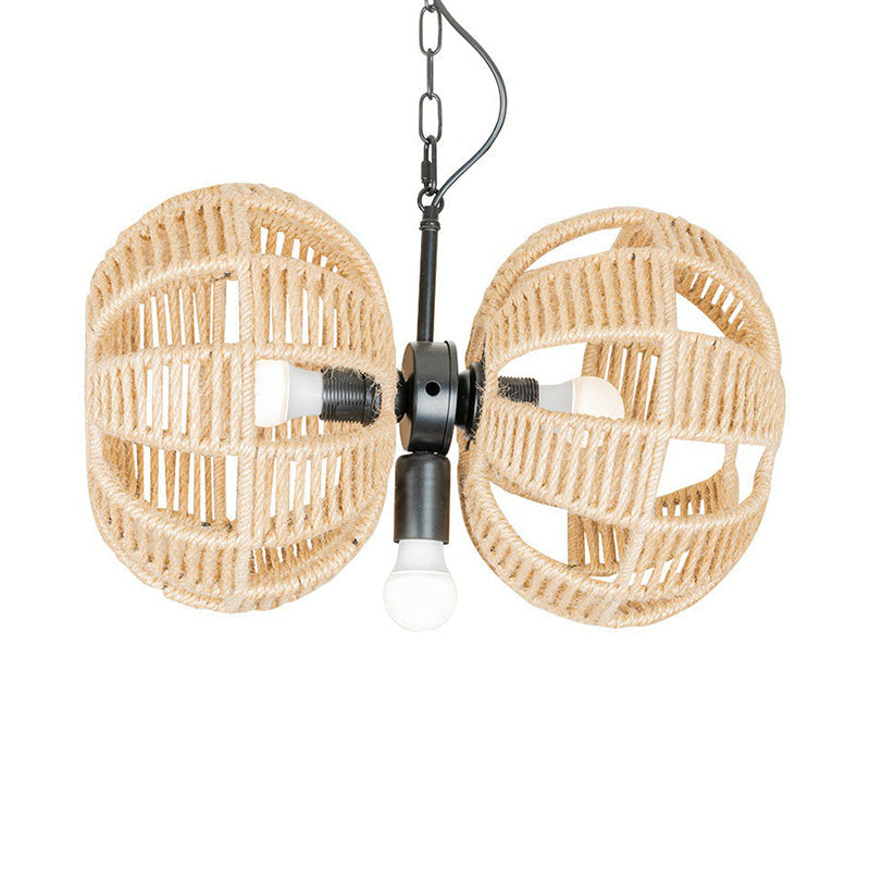 3 Lights Double Melon Suspension Pendant Farmhouse Brown Rope Chandelier Lamp - Rebooters