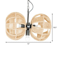 3 Lights Double Melon Suspension Pendant Farmhouse Brown Rope Chandelier Lamp - Rebooters