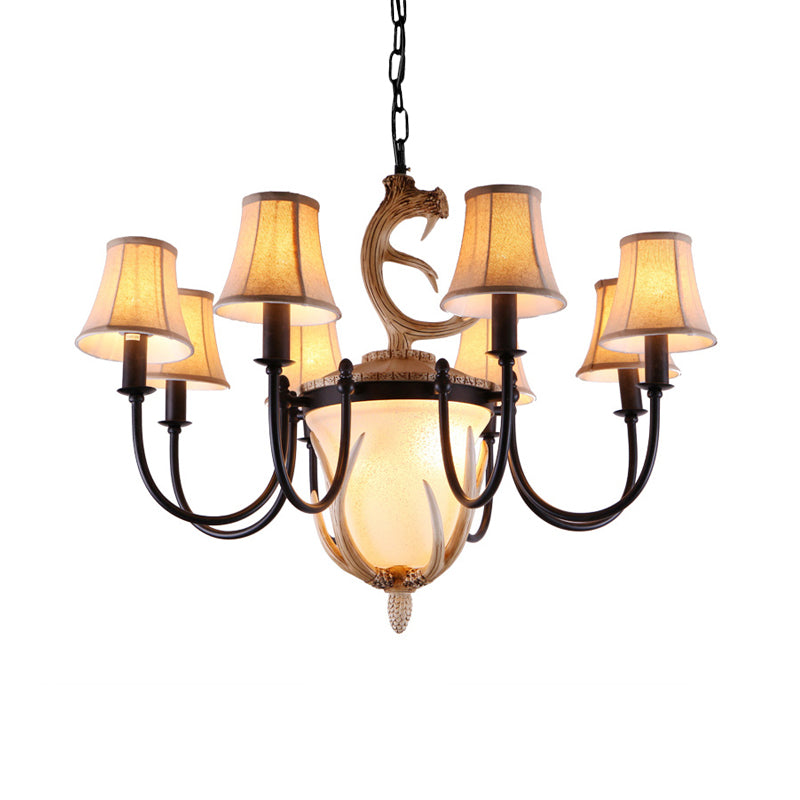 Metal Curved Armed Chandelier Lamp Traditional 9 Bulbs Ceiling Light Black Flared Fabric Shade - Rebooters