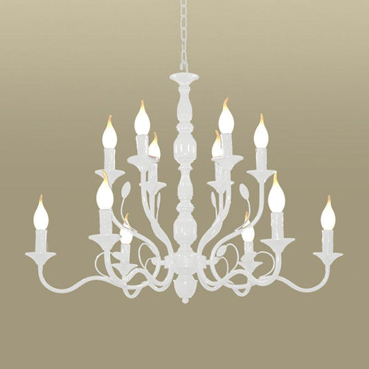 2-Tier Candle Living Room Chandelier Lighting Traditionary Metal 10/12/16 Heads White Pendant Lamp - Rebooters