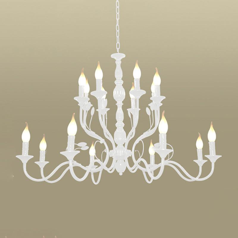2-Tier Candle Living Room Chandelier Lighting Traditionary Metal 10/12/16 Heads White Pendant Lamp - Rebooters