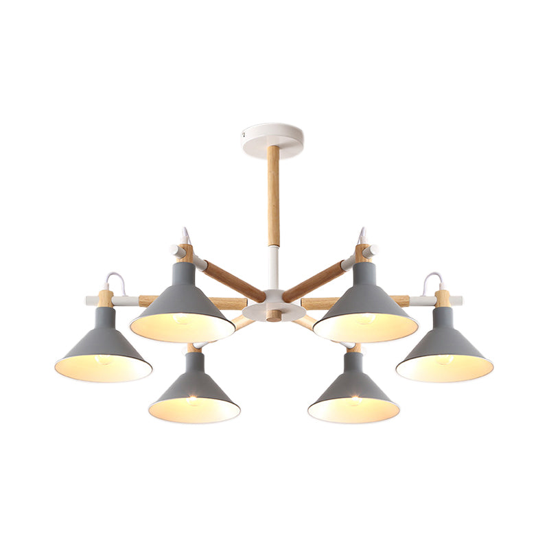 Wood And Metal Horn Shape Hanging Pendant Fixture 6 Bulbs Macaroon Chandelier - Rebooters