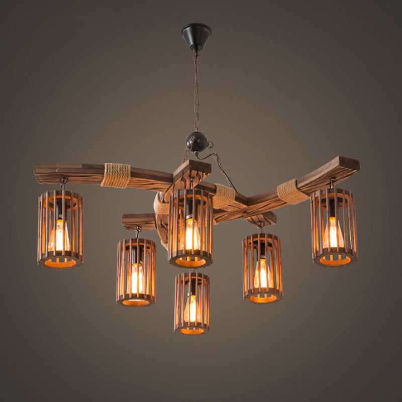 Wood Caged Hanging Chandelier Lodge 6-Bulb Ceiling Light - Rebooters