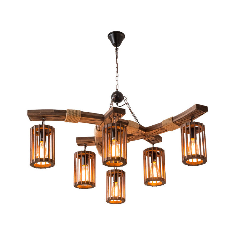 Wood Caged Hanging Chandelier Lodge 6-Bulb Ceiling Light - Rebooters