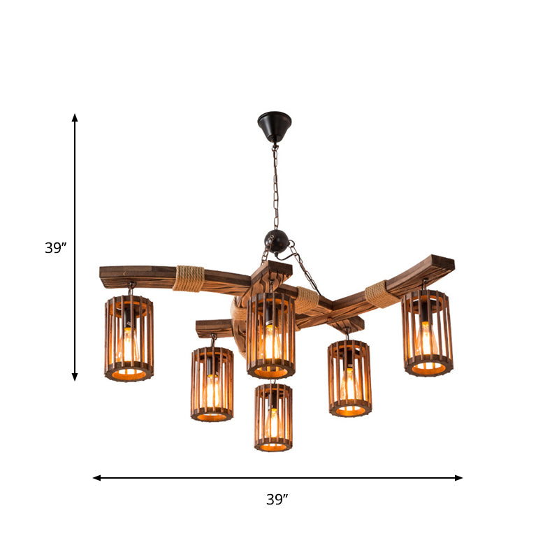 Wood Caged Hanging Chandelier Lodge 6-Bulb Ceiling Light - Rebooters