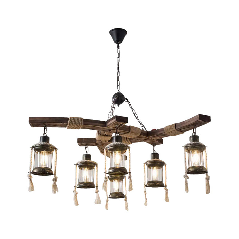 Wood Caged Hanging Chandelier Lodge 6-Bulb Ceiling Light - Rebooters