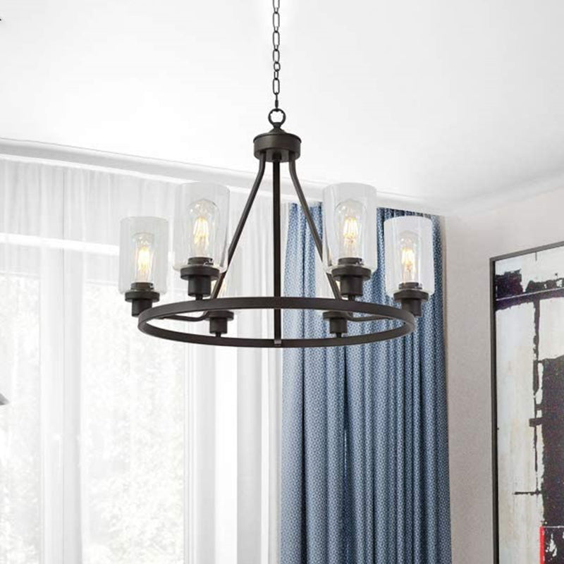 6-Light Wagon Wheel Chandelier Pendant Rustic Black Iron Ceiling Hang Light - Rebooters