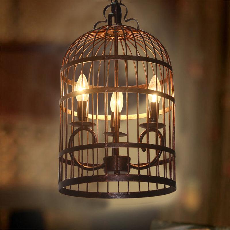 Metal Elongated Bird Cage Pendant Light Rural 3-Head Chandelier - Rebooters