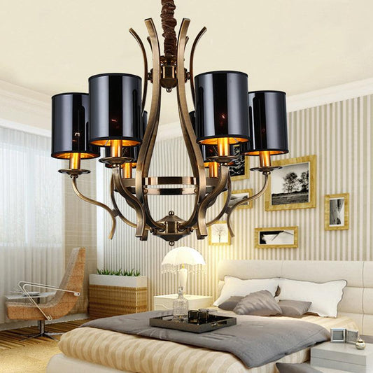 6/8 Lights Cylinder Chandelier Farmhouse Black Fabric Lamp - Rebooters