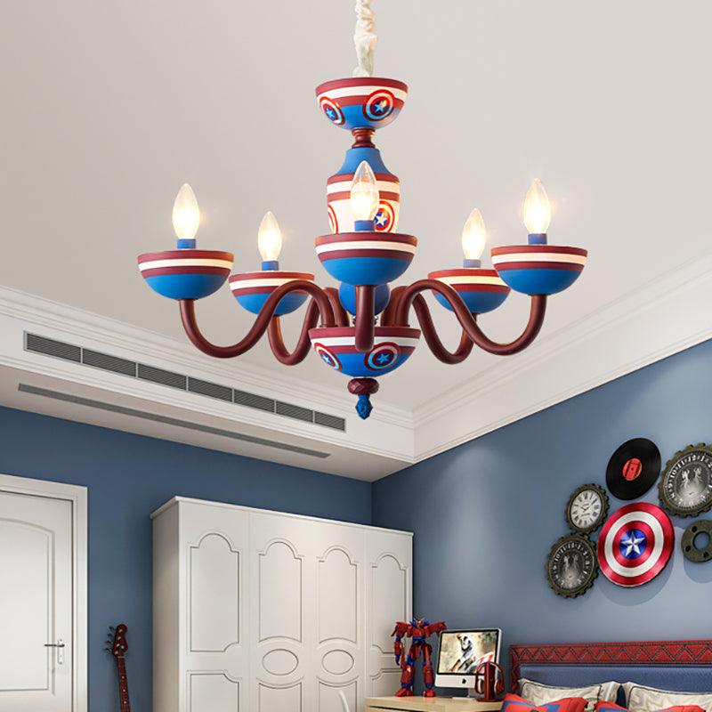 American Stylish Candle Pendant Light Metallic Chandelier in Blue and Red for Boys Bedroom - Rebooters