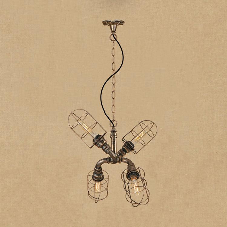 4-Light Caged Hanging Light Coastal Style Bronze Antique Silver Wrought Iron Chandelier Pendant Light with Pipe - Rebooters