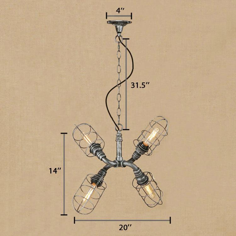 4-Light Caged Hanging Light Coastal Style Bronze Antique Silver Wrought Iron Chandelier Pendant Light with Pipe - Rebooters