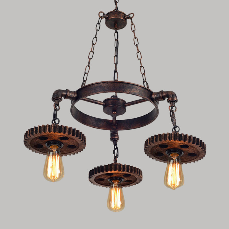 Wood Carved Gear Chandelier Lamp Loft Style 1/3/7-Bulb - Rebooters