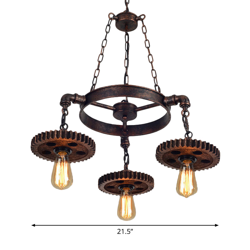 Wood Carved Gear Chandelier Lamp Loft Style 1/3/7-Bulb - Rebooters