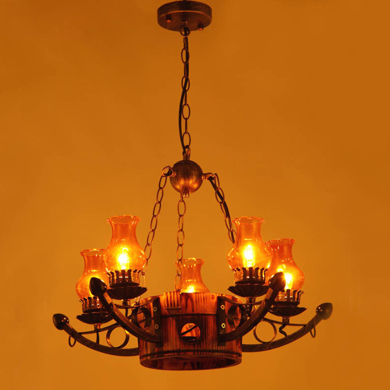 3/5 Lights Antique Hanging Chandelier Height Adjustable Amber Glass Oil Lamp in Rust - Rebooters