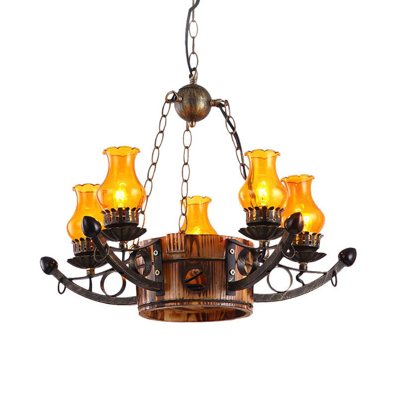 3/5 Lights Antique Hanging Chandelier Height Adjustable Amber Glass Oil Lamp in Rust - Rebooters