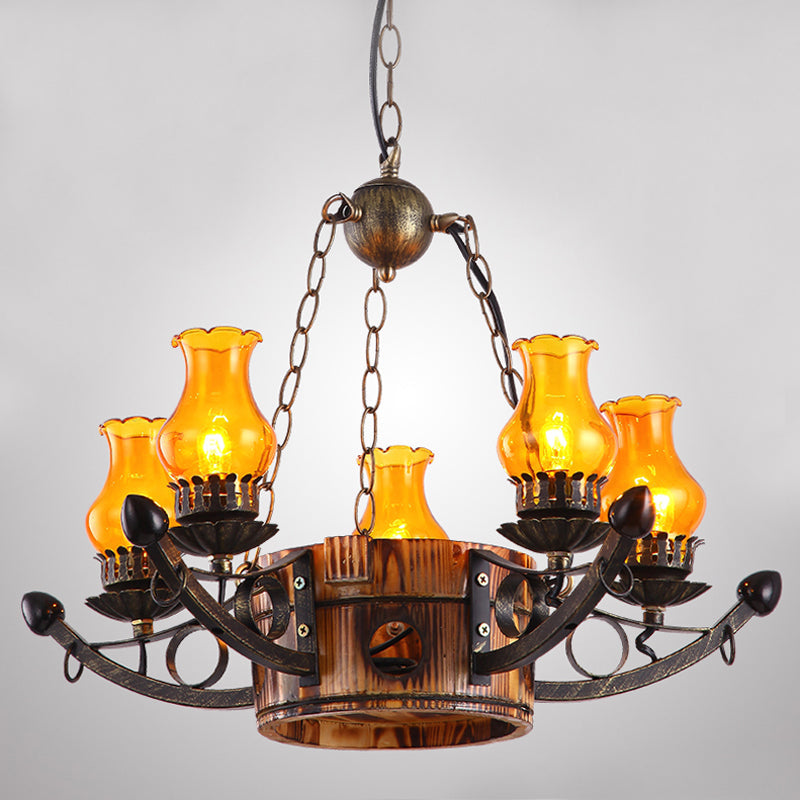 3/5 Lights Antique Hanging Chandelier Height Adjustable Amber Glass Oil Lamp in Rust - Rebooters