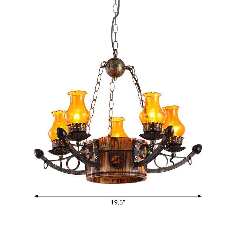 3/5 Lights Antique Hanging Chandelier Height Adjustable Amber Glass Oil Lamp in Rust - Rebooters