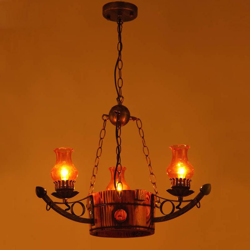 3/5 Lights Antique Hanging Chandelier Height Adjustable Amber Glass Oil Lamp in Rust - Rebooters