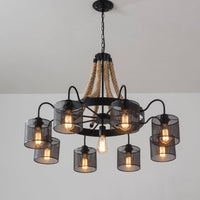 8/12-Light Cylinder Hanging Chandelier Black Metal Mesh Pendant - Rebooters