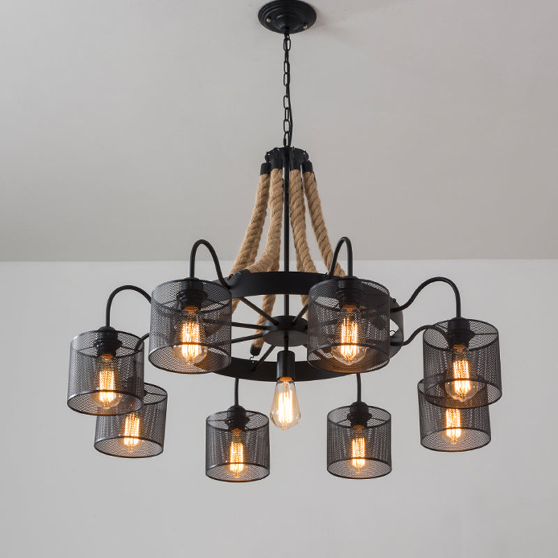 8/12-Light Cylinder Hanging Chandelier Black Metal Mesh Pendant - Rebooters