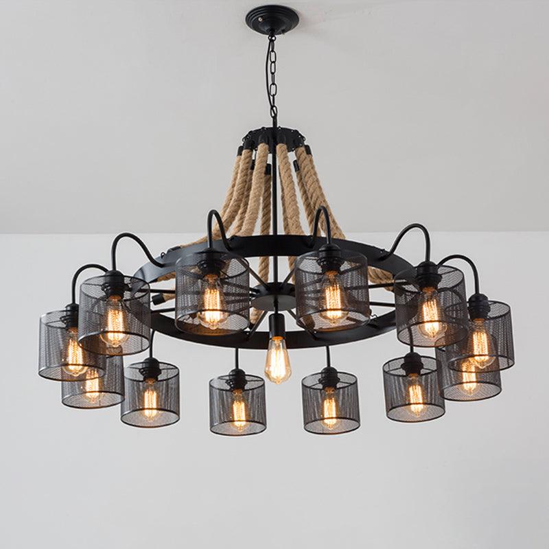 8/12-Light Cylinder Hanging Chandelier Black Metal Mesh Pendant - Rebooters