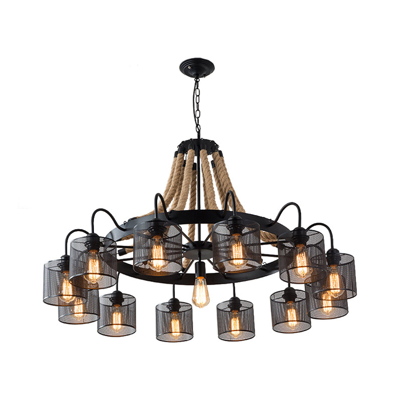 8/12-Light Cylinder Hanging Chandelier Black Metal Mesh Pendant - Rebooters