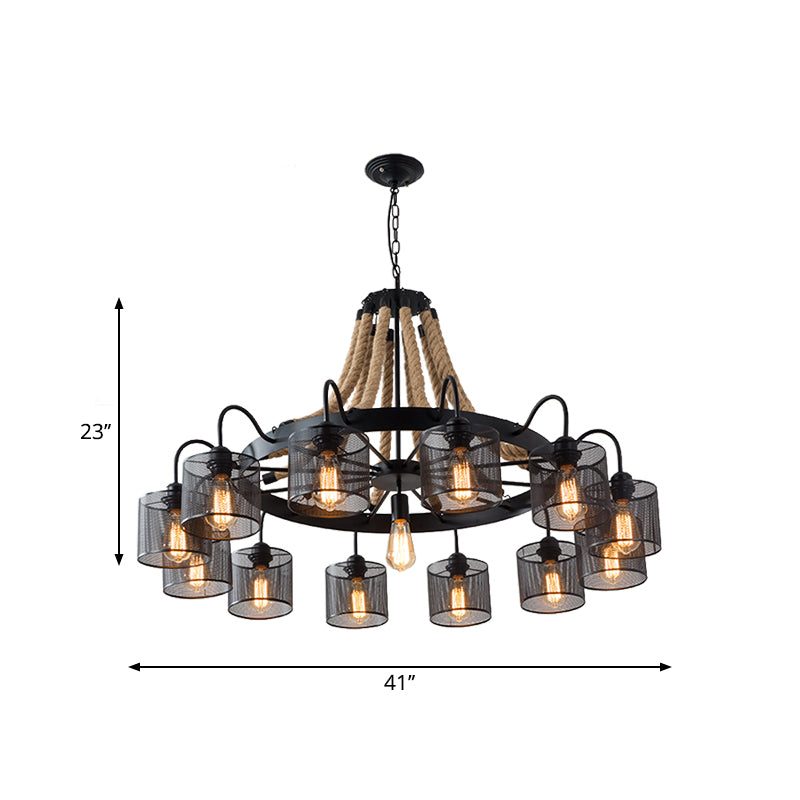 8/12-Light Cylinder Hanging Chandelier Black Metal Mesh Pendant - Rebooters