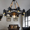 Cylinder Living Room Chandelier Light Rustic Iron 9 Heads Black Rope Ceiling Fixture - Rebooters