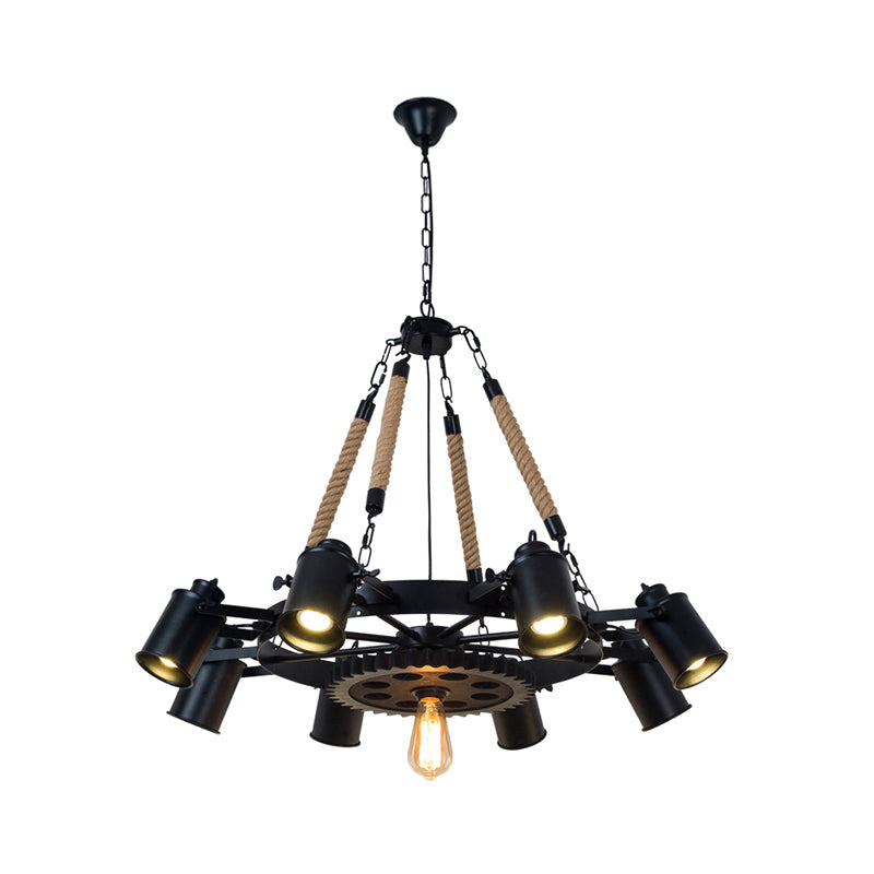 Cylinder Living Room Chandelier Light Rustic Iron 9 Heads Black Rope Ceiling Fixture - Rebooters