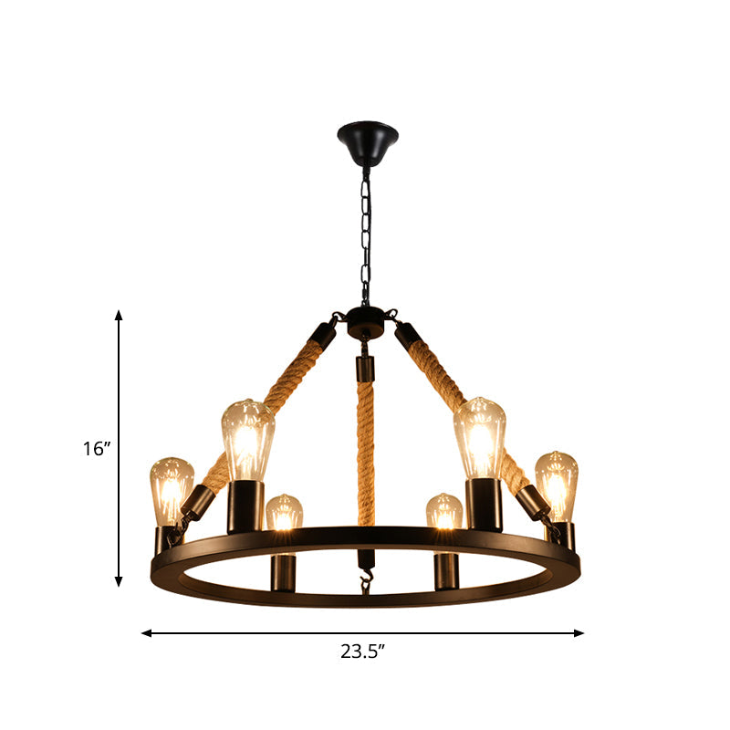 Open Bulb Metal Chandelier Light Fixture Industrial 6/8-Light Dining Room Rope Pendant Lamp Black Ring Design - Rebooters