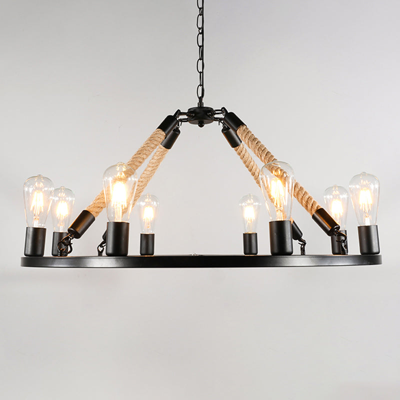 Open Bulb Metal Chandelier Light Fixture Industrial 6/8-Light Dining Room Rope Pendant Lamp Black Ring Design - Rebooters