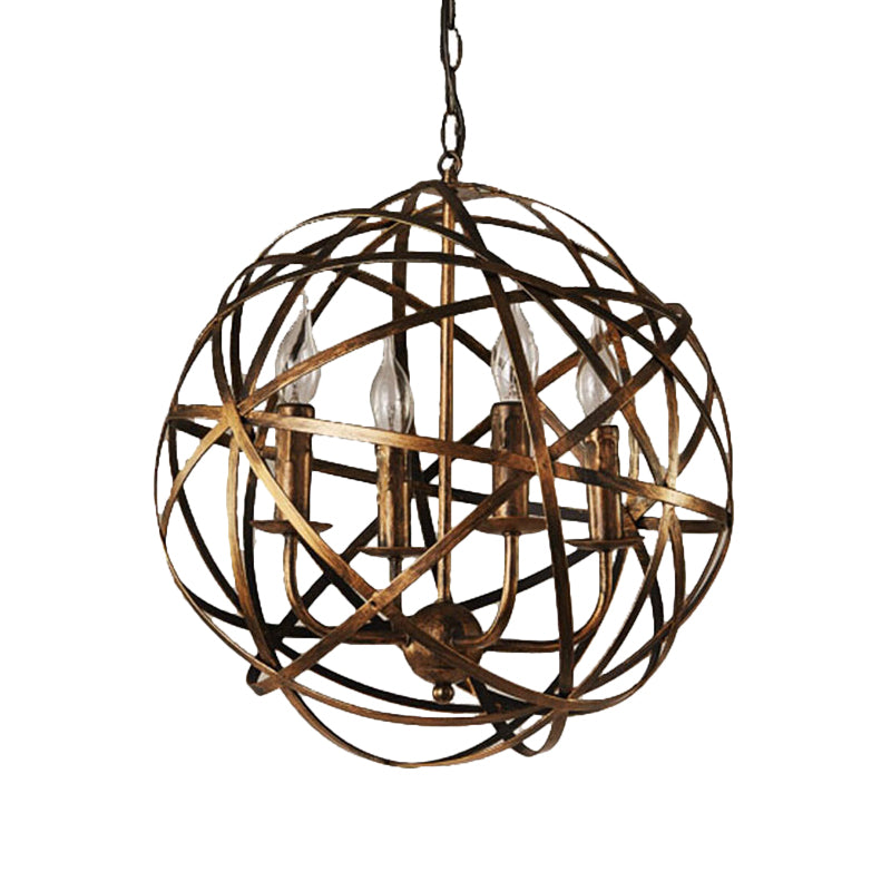 4 Lights Globe Cage Pendant Chandelier Factory Bronze Ceiling Lighting Fixture - Rebooters