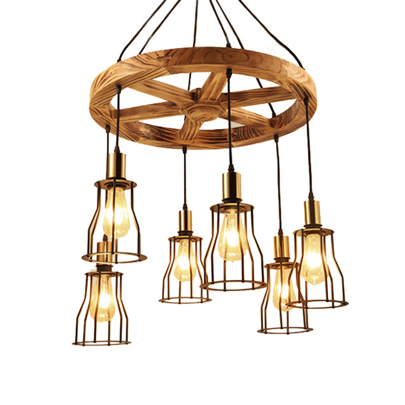 3/6-Light Metal Hanging Chandelier Factory Gold Open Cage Pendant Light - Rebooters