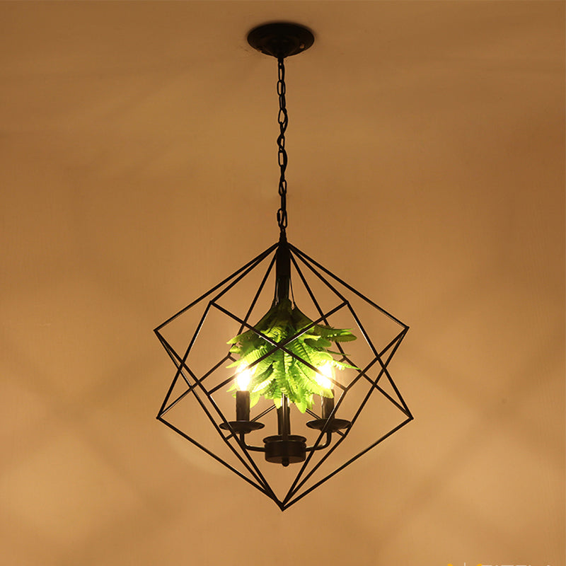 Rhombus Cage Metal Chandelier Rustic 3 Lights Pendant Light - Rebooters