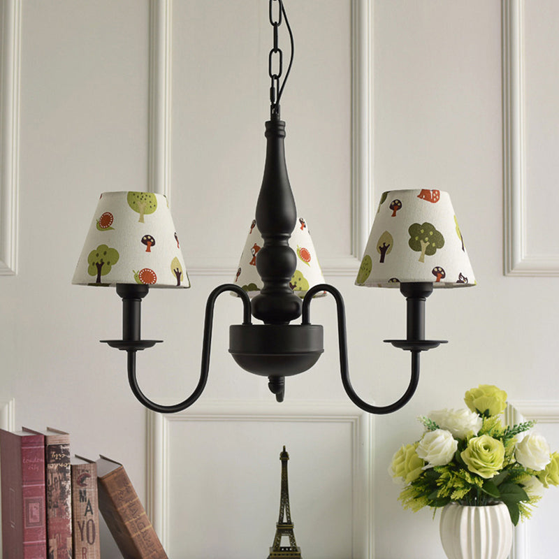 Three Lights Bucket Shade Chandelier Kids Metal Hanging Light in Black for Kindergarten - Rebooters