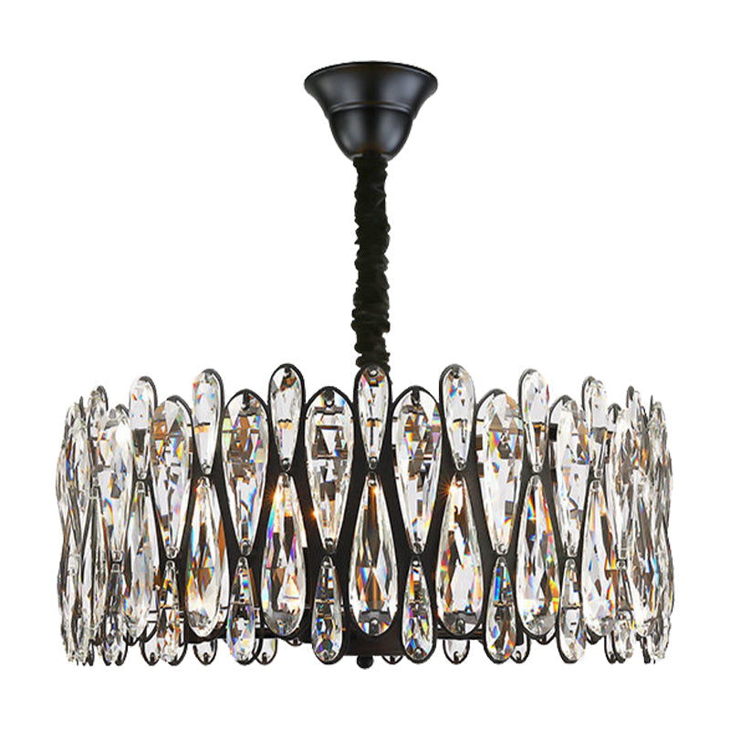 Black Drum Shaped Pendant Light Modern Crystal Teardrop Chandelier - Rebooters