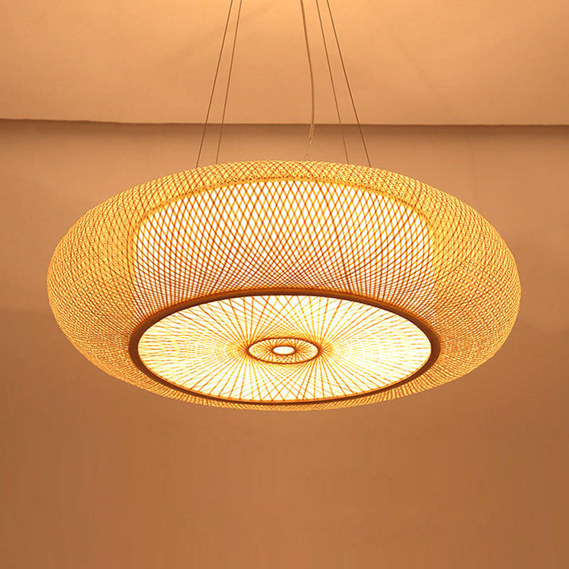 Handmade Round Bamboo Hanging Light Chinese Beige Ceiling Pendant - Rebooters