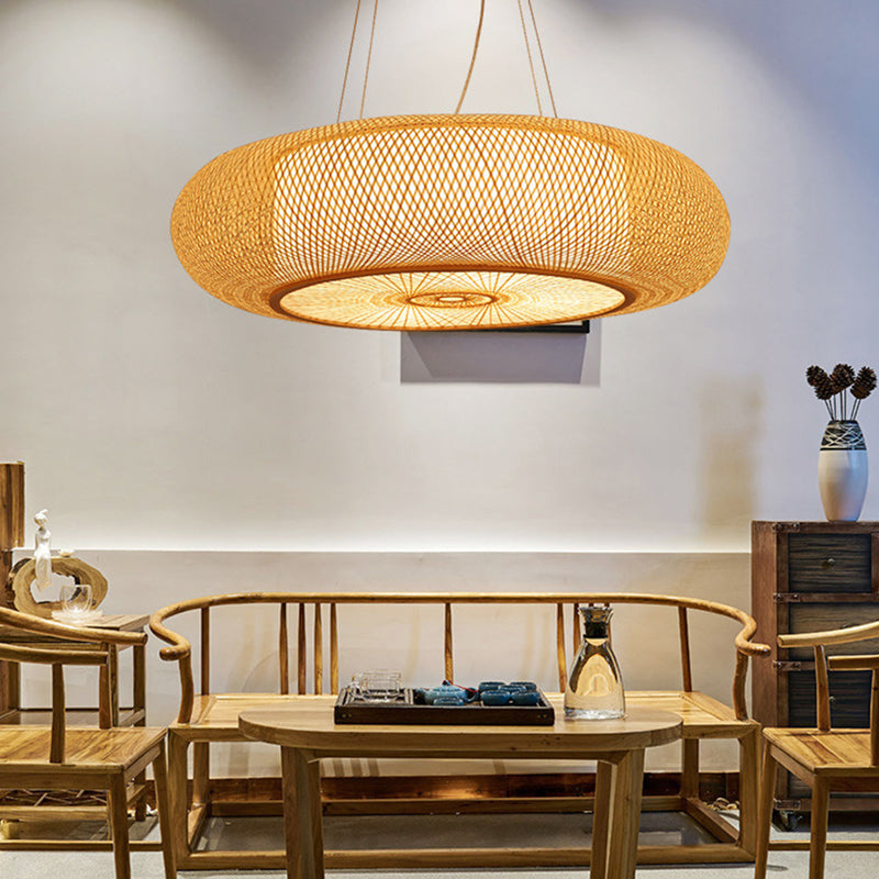 Handmade Round Bamboo Hanging Light Chinese Beige Ceiling Pendant - Rebooters