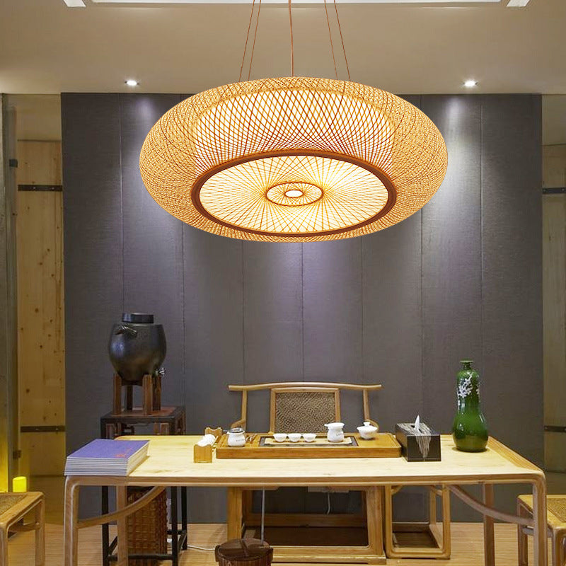 Handmade Round Bamboo Hanging Light Chinese Beige Ceiling Pendant - Rebooters