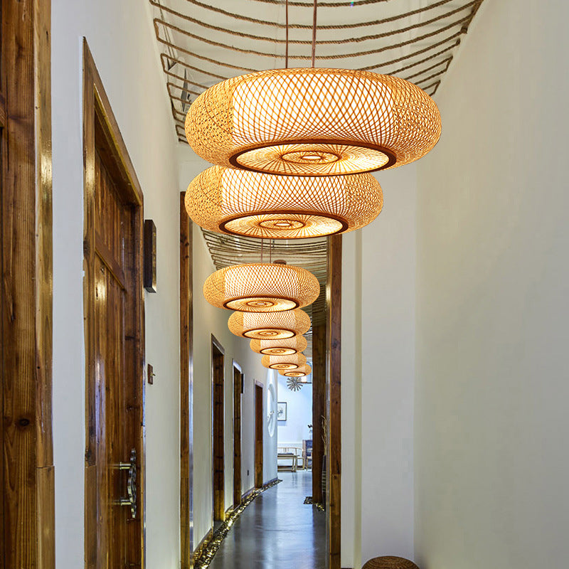 Handmade Round Bamboo Hanging Light Chinese Beige Ceiling Pendant - Rebooters